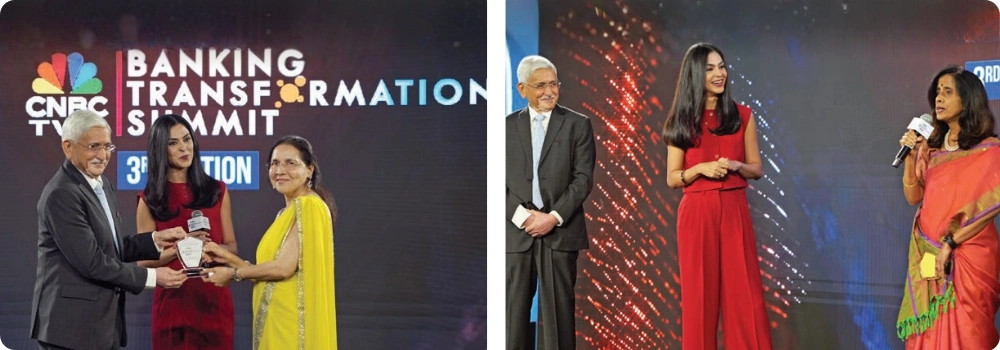 Zarin Daruwala and Shanti Ekambaram being felicitated for their contributions to Indian banking