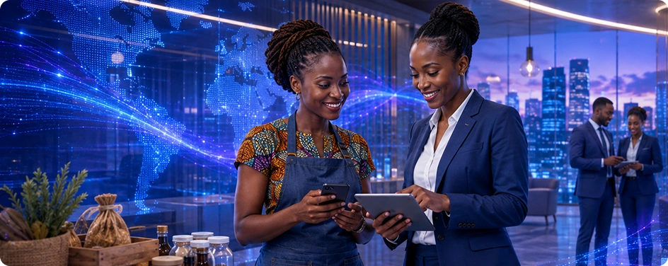 Bank representative using digital technology to support a small business customer with modern banking services